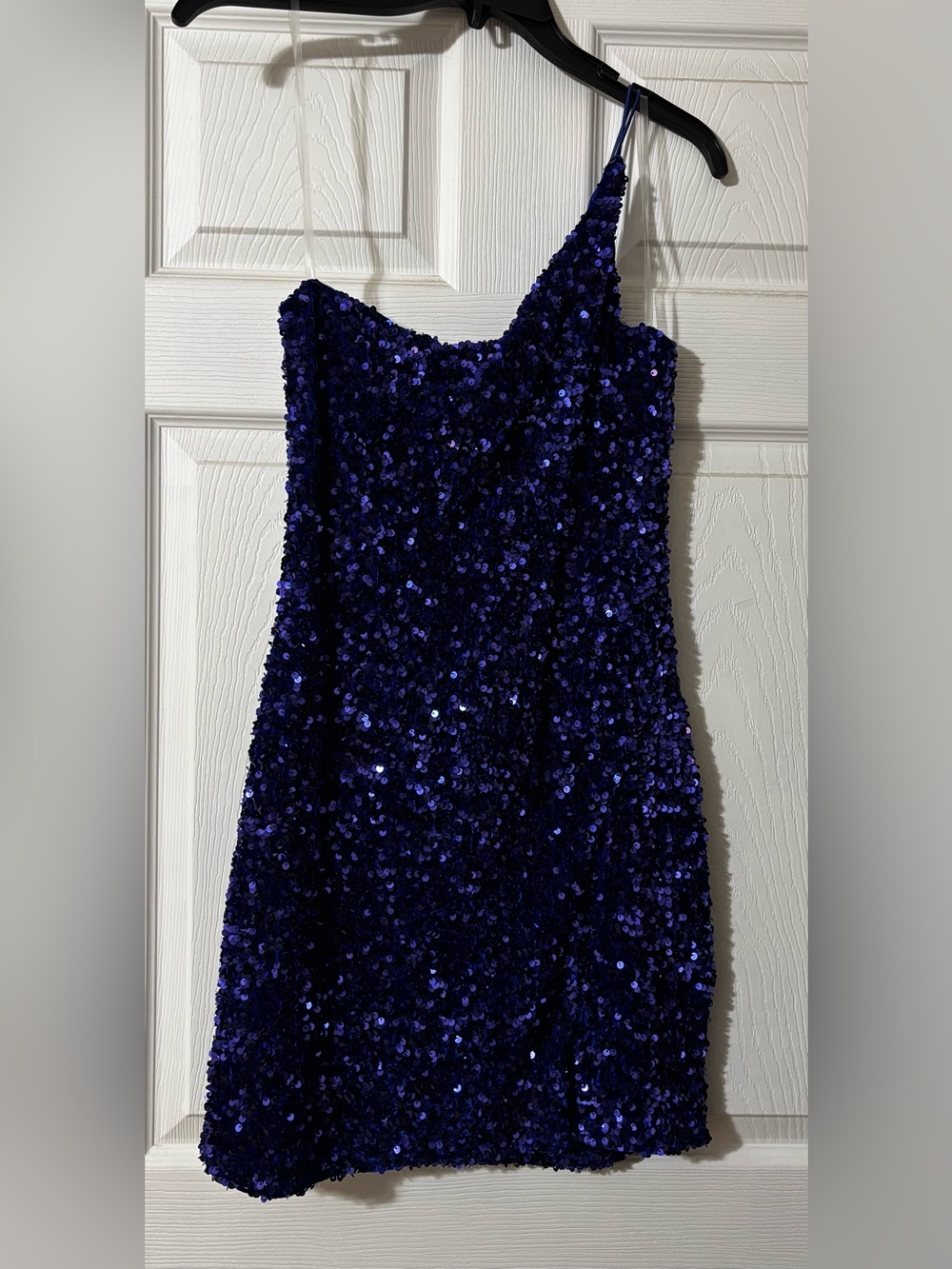 Sequin Asymmetrical Mini Dress in Deep Blue